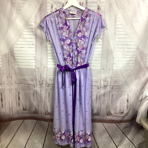 Vintage Cathy Sue Purple Floral Belted Dress 9/10 - Picture 1 of 10